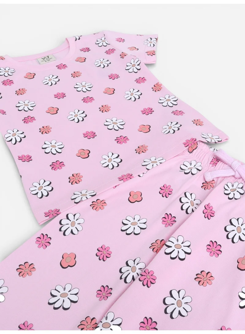 Victor And Jane  Girls Floral Print Cotton Pajama Set – T-Shirt & Full Pants Nightwear for Women | Best Price UAE